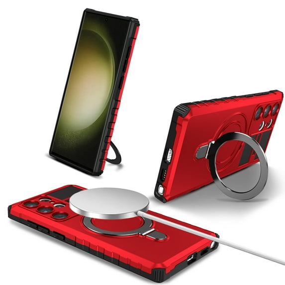 ELEHOLD for Samsung Galaxy S23 Rugged Case, Magnetic Invisible Stand Military Drop Protection Cover, Compatible with MagSafe Shockproof Slim Matte Ring Holder Hard Phone Case, red