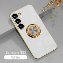 ELEHOLD for Samsung Galaxy S23 Slim Case Electroplating Frame Design All-inclusive Lens Protection Metal Ring Holder Stand Function Shockproof Lightweight Case for Galaxy S23,White