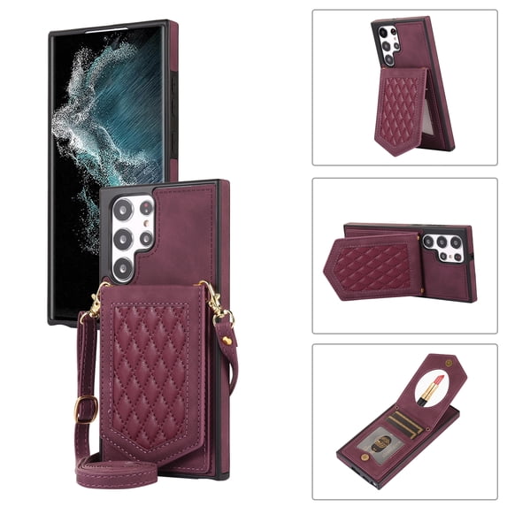 ELEHOLD for Samsung Galaxy S23 Ultra 6.8" Fashion Wallet Case Argyle Pattern Leather RFID Bocking Card Slots Hidden Make Up Mirror Stand Function Magnetic Button Crossbody Shoulder Strap,Wine Red