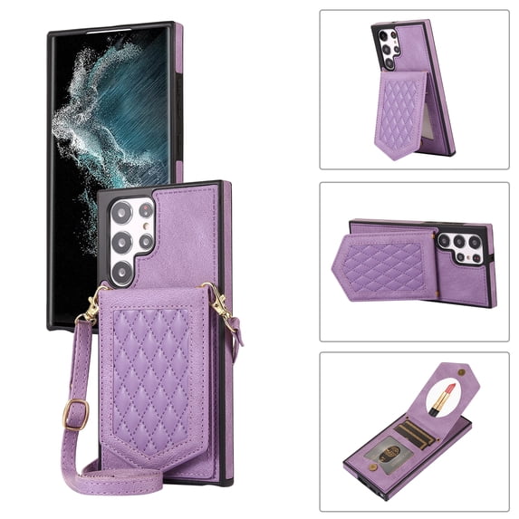 ELEHOLD for Samsung Galaxy S23 Ultra 6.8" Fashion Wallet Case Argyle Pattern Leather RFID Bocking Card Slots Hidden Make Up Mirror Stand Function Magnetic Button Crossbody Shoulder Strap,Purple