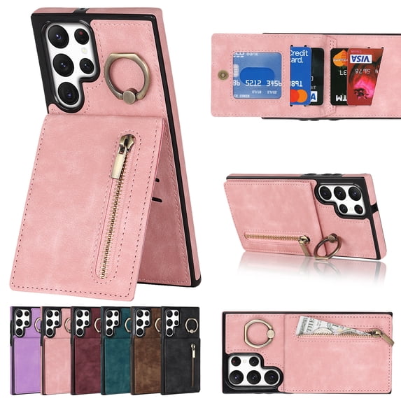 ELEHOLD for Samsung Galaxy S23 Ultra 6.8" Vintage Leather Wallet Case,Practical Card Holders RFID Blocking Zipper Wallet Kickstand Ring Holder Shockproof Anti-Scratch Case for Women Men,Pink