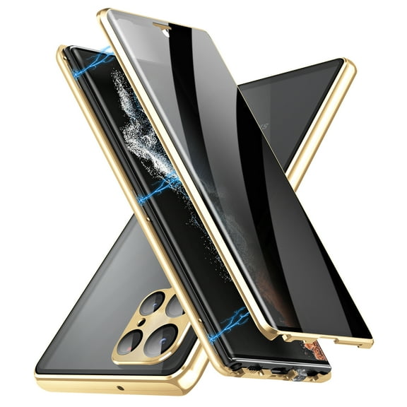 ELEHOLD for Samsung Galaxy S23 Ultra Anti Peeping Privacy Case Full Body Tempered Glass Screen Protector Magnetic Metal Bumper 360 Protection with Safety Lock Camera Lens Protection Cover,Gold