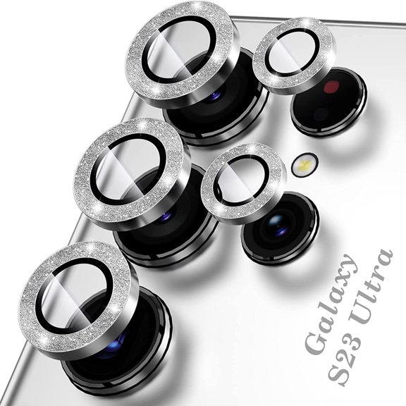 ELEHOLD for Samsung Galaxy S23 Ultra Camera Lens Protector Accessories Tempered Glass Protector Aluminum Edge Metal Case-Friendly for Samsung S23 Ultra ,Glitter Silver
