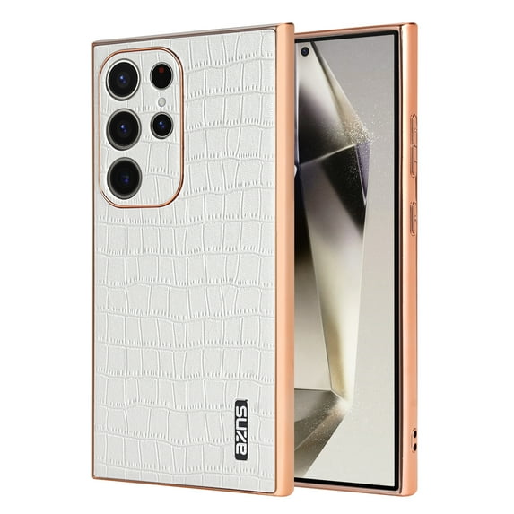 ELEHOLD for Samsung Galaxy S23 Ultra Case,Compatible with MagSafe Luxury PU Leather Embossed Crocodile Pattern Plating Edge Shockproof Full Protection Case for Samsung Galaxy S23 Ultra,White