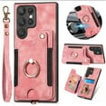 thumbnail image 1 of ELEHOLD for Samsung Galaxy S23 Ultra Case with Ring Holder, Galaxy S23 Ultra Wallet Case with RFID Blocking Card Holder Wristlet Strap, Magnetic Button Flip Folio Kickstand Shockproof Phone Cover,Pink, 1 of 10