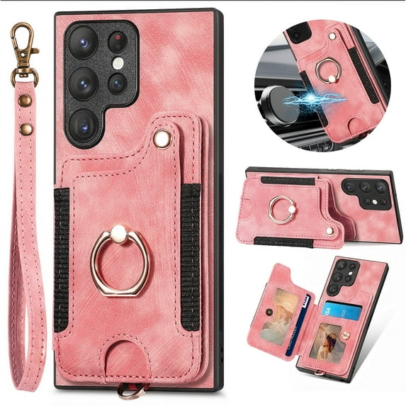 ELEHOLD for Samsung Galaxy S23 Ultra Case with Ring Holder, Galaxy S23 Ultra Wallet Case with RFID Blocking Card Holder Wristlet Strap, Magnetic Button Flip Folio Kickstand Shockproof Phone Cover,Pink