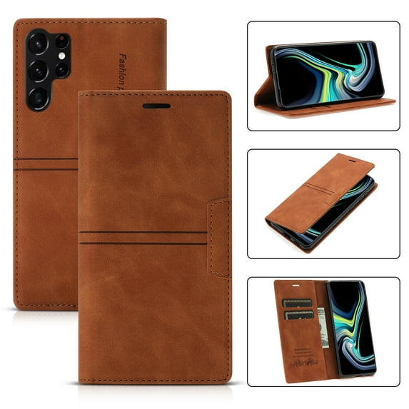 ELEHOLD for Samsung Galaxy S23 Ultra Case Wallet Case, Luxury Retro PU Leather TPU Inner Magnetic Card Slots Cash Pokcet Kickstand Wear-Resisitant Shockproof Flip Business Case, Brown