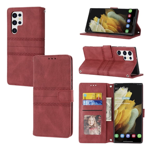ELEHOLD for Samsung Galaxy S23 Ultra Case for Women Wallet Case, Premium Leather Shockproof Purse Case with Credit Card Slots Anti-Loss Crossbody Strap for Samsung S23 Ultra,Red
