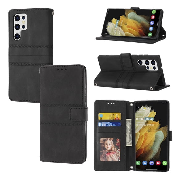 ELEHOLD for Samsung Galaxy S23 Ultra Case for Women Wallet Case, Premium Leather Shockproof Purse Case with Credit Card Slots Anti-Loss Crossbody Strap for Samsung S23 Ultra,Black