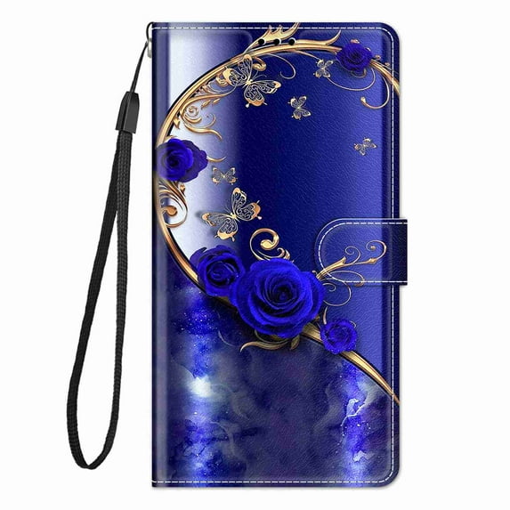ELEHOLD for Samsung Galaxy S23 Ultra Credit Card Wallet Case, Shockproof Drop Protection Wireless Charging Vegan PU Leather Magnetic Adjustable Stand Cover with Wrist Strap, Blue Rose & Butterfly