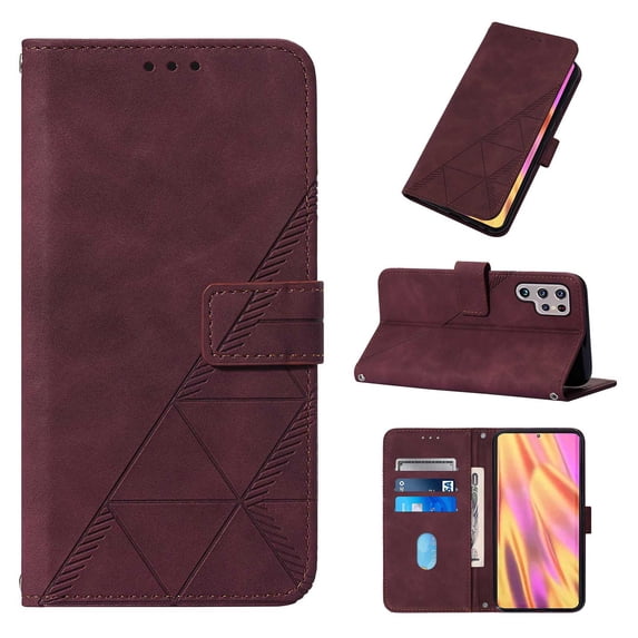 ELEHOLD for Samsung Galaxy S23 Ultra Embossed Wallet Case, Card Slots Magnetic Clasp Hand Strap Kickstand Function Wireless Charging Shockproof Business PU Leather Flip Folio Cover Case,Winered