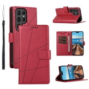ELEHOLD for Samsung Galaxy S23 Ultra Flip Folio Wallet Case with Credit Card Holders Magnetic Clasp Kickstand Function Wrist Lanyard Premium PU Leather Shockproof Protective Cover,red