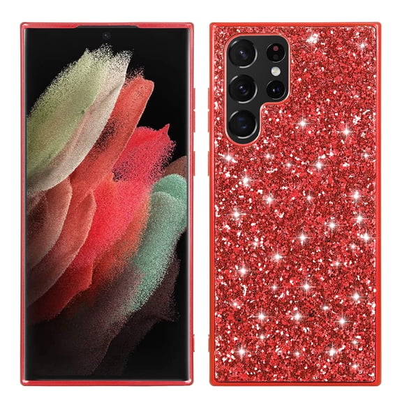 ELEHOLD for Samsung Galaxy S23 Ultra Glitter Sparkle Bling Case, Shiny Powder Rough Surface TPU Rubber Anti-Scratch Shockproof Classical Fashion Slim Case for Women Girls, Red