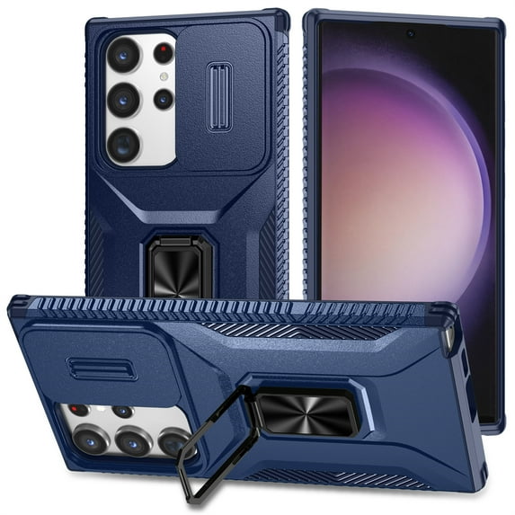 ELEHOLD for Samsung Galaxy S23 Ultra Heavy Duty Case Shockproof Anti-Scratch with Built-in Magnetic Rotation Ring Holder Stand Case,Rugged Non-Slip Slide Lens Protector Hard Case Cover, blue