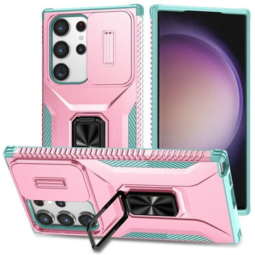 ELEHOLD for Samsung Galaxy S23 Ultra Heavy Duty Case Shockproof Anti-Scratch with Built-in Magnetic Rotation Ring Holder Stand Case,Rugged Non-Slip Slide Lens Protector Hard Case Cover, rosegold
