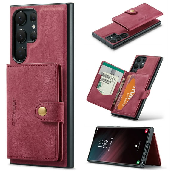 ELEHOLD for Samsung Galaxy S23 Ultra Luxury Multi-Functional Wallet Case PU Leather with Detachable Card Slots Magnetic Clasp Kickstand Function Shockproof Anti-Scratch Protective Case,Red