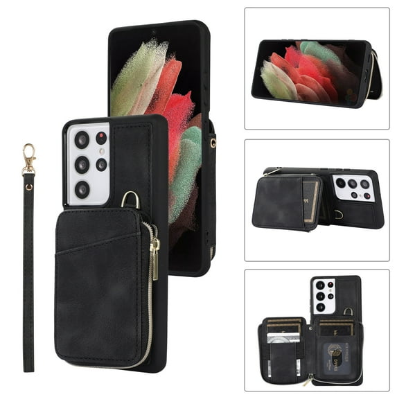 ELEHOLD for Samsung Galaxy S23 Ultra,Luxury Zipper Wallet Case with Card Slots Zipper Pocket Kickstand Function Wriststrap Crossbody Shoulder Strap Shockproof Purse Case,black