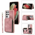 thumbnail image 1 of ELEHOLD for Samsung Galaxy S23 Ultra,Luxury Zipper Wallet Case with Card Slots Zipper Pocket Kickstand Function Wriststrap Crossbody Shoulder Strap Shockproof Purse Case,pink, 1 of 7