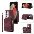 thumbnail image 1 of ELEHOLD for Samsung Galaxy S23 Ultra,Luxury Zipper Wallet Case with Card Slots Zipper Pocket Kickstand Function Wriststrap Crossbody Shoulder Strap Shockproof Purse Case,winered, 1 of 7