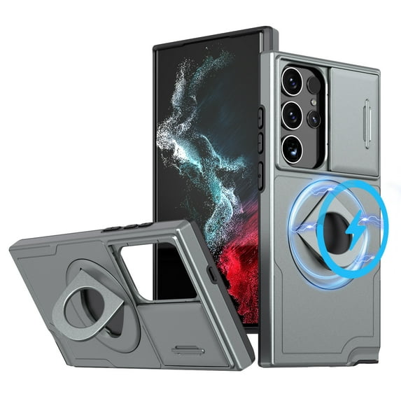 ELEHOLD for Samsung Galaxy S23 Ultra Magnetic Case,Rugged Hard PC Protective Case with Rotation Ring Holder Kickstand Sliding Camera Protector Compatible with Mag Safe for Samsung S23 Ultra, Gray