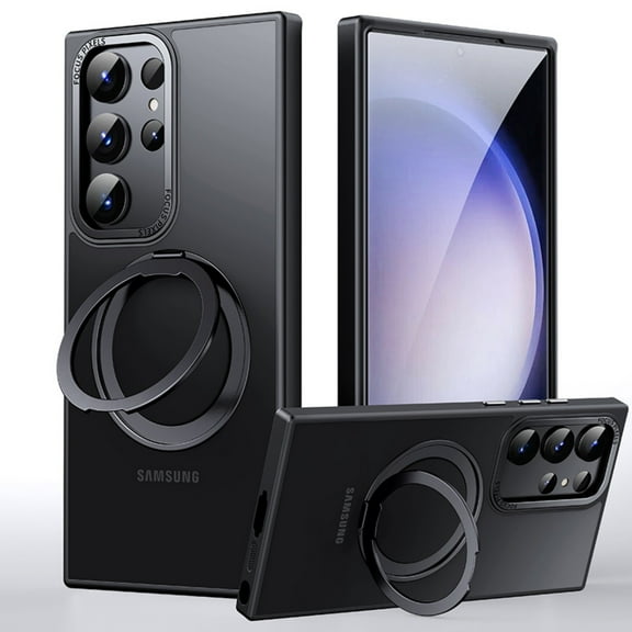 ELEHOLD For Samsung Galaxy S23 Ultra Magnetic Case, Sturdy Heavy Duty Shockproof Frosted Phone Cover, with Rotating Ring Stand, MagSafe Compatible, Lens Protection, Slim&Lightweight, Black