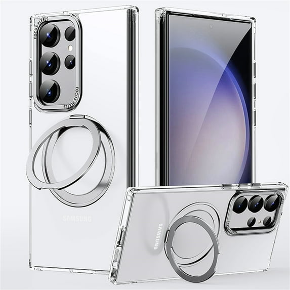 ELEHOLD for Samsung Galaxy S23 Ultra Magnetic Clear Case Transparent Clear Back Cover with Invisible 360 Rotation Ring Kickstand Matte Bumper Shockproof Protective Cover Compatible with Mag Safe,clear