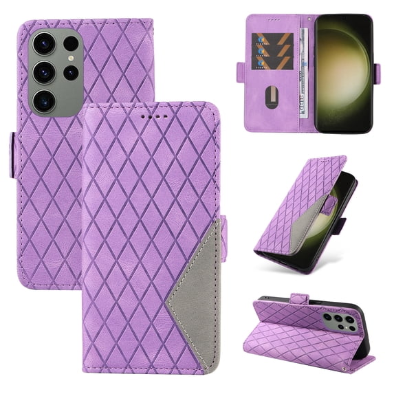 ELEHOLD for Samsung Galaxy S23 Ultra Magnetic Splicing Cover, Shockproof Premium Vintage PU Leather RFID Blocking Card Slots Protective Slim Fit Folio Stand with Wrist Strap Phone Case, purple