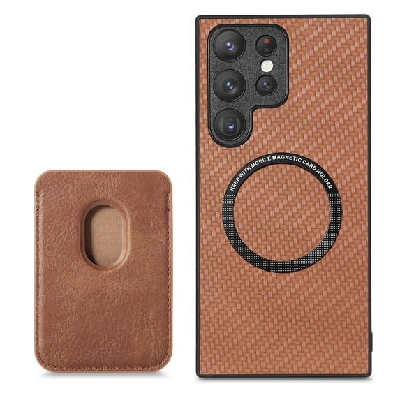 ELEHOLD for Samsung Galaxy S23 Ultra Magnetic Wallet Case with Detachable Back Card Holder Fiber Texture Design Full Body Protective Slim Shockproof Case, brown