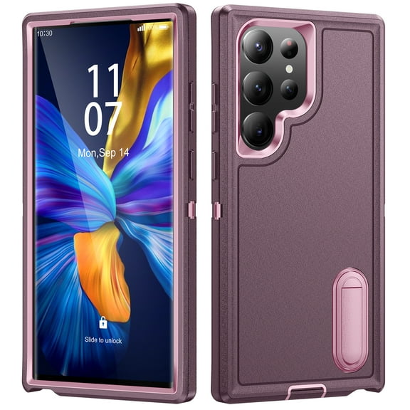 ELEHOLD for Samsung Galaxy S23 Ultra Rugged Protective Case Full Body Multi Layer Shockproof Hidden Kickstand Hybrid Silicone Hard PC Cover for Samsung S23 Ultra, Purple