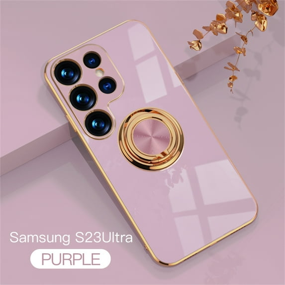 ELEHOLD for Samsung Galaxy S23 Ultra Slim Case Electroplating Frame Design All-inclusive Lens Protection Metal Ring Holder Stand Function Shockproof Lightweight Case,Lightpurple