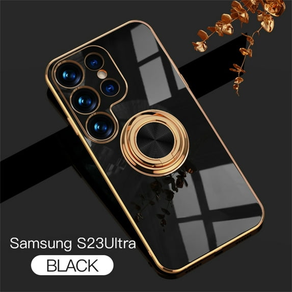 ELEHOLD for Samsung Galaxy S23 Ultra Slim Case Electroplating Frame Design All-inclusive Lens Protection Metal Ring Holder Stand Function Shockproof Lightweight Case,Black