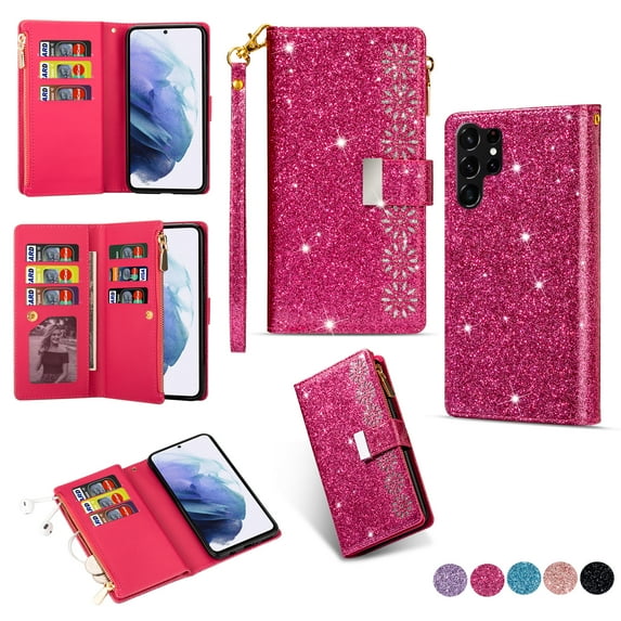 ELEHOLD for Samsung Galaxy S23 Ultra Stylish Flip Wallet Case,Bling Glitter Leather Zipper Pocket 9 Card Holders Stand Function Magnetic Clasp Detachable Lanyard Purse Case,Rose