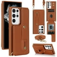 thumbnail image 1 of ELEHOLD Samsung Galaxy S23 Ultra Wallet Case, Flip Card Slots Magnetic Button Kickstand Function Non-Slip Wristband Crossbody Shoulder Strap for Samsung Galaxy S23 Ultra Fashion Leather Case,Brown, 1 of 8