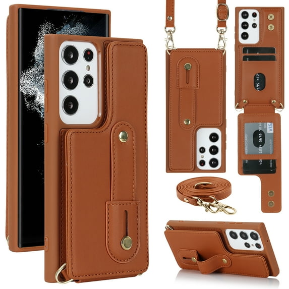 ELEHOLD Samsung Galaxy S23 Ultra Wallet Case, Flip Card Slots Magnetic Button Kickstand Function Non-Slip Wristband Crossbody Shoulder Strap for Samsung Galaxy S23 Ultra Fashion Leather Case,Brown