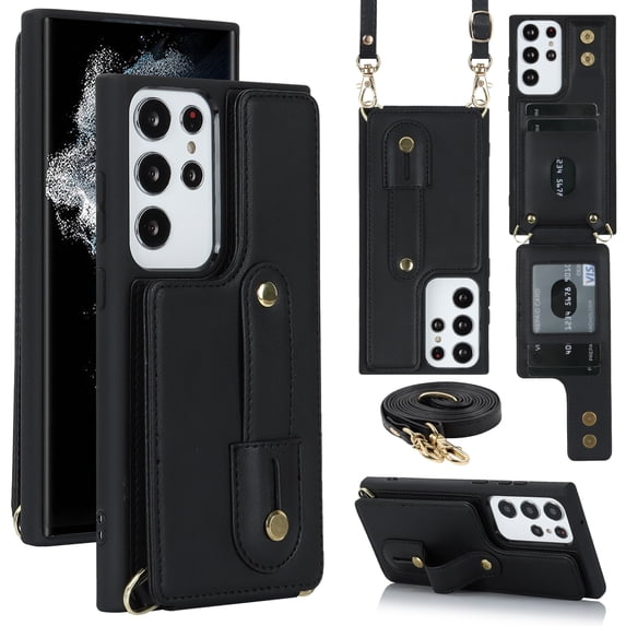 ELEHOLD Samsung Galaxy S23 Ultra Wallet Case, Flip Card Slots Magnetic Button Kickstand Function Non-Slip Wristband Crossbody Shoulder Strap for Samsung Galaxy S23 Ultra Fashion Leather Case,Black