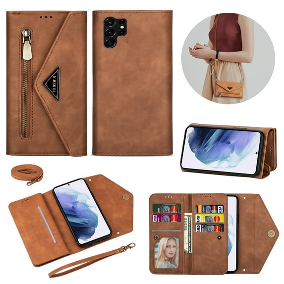 ELEHOLD for Samsung Galaxy S23 Ultra Wallet Case, Luxury PU Leather Zipper Pocket Hand/Wrist Strap Crossbody Shoulder Bag Magnetic Buckle Flip Stand Card Slots Case for Women Men,Brown