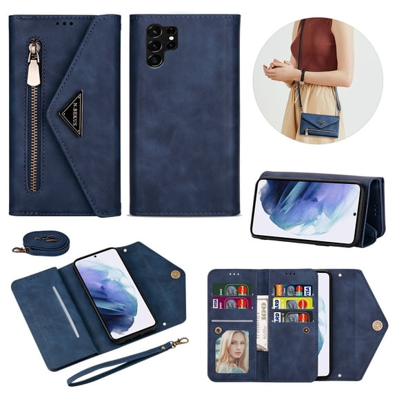 ELEHOLD for Samsung Galaxy S23 Ultra Wallet Case, Luxury PU Leather Zipper Pocket Hand/Wrist Strap Crossbody Shoulder Bag Magnetic Buckle Flip Stand Card Slots Case for Women Men,Blue