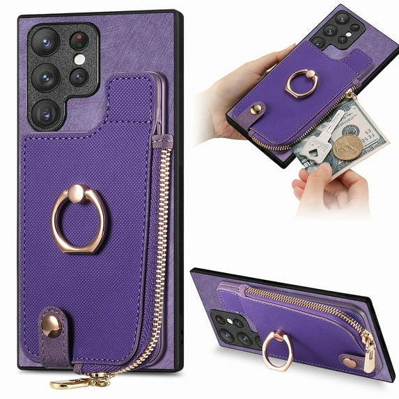 ELEHOLD for Samsung Galaxy S23 Ultra Zipper Wallet Case with Back Card Holders Metal Ring Holder Kickstand Function Leather Shockproof Card Wallet Case for Women Men,purple