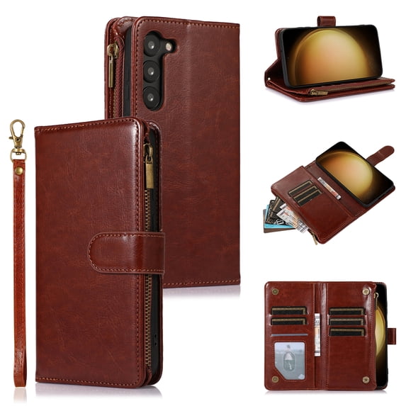 ELEHOLD for Samsung Galaxy S23 Wallet Case with 9 Card Holders Zipper Pocket Kickstand Soft PU Leather Flip Shockproof Protective Cover with Wrist Strap Business Style for Women Men,brown