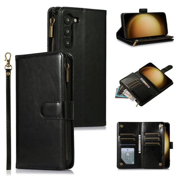 ELEHOLD for Samsung Galaxy S23 Wallet Case with 9 Card Holders Zipper Pocket Kickstand Soft PU Leather Flip Shockproof Protective Cover with Wrist Strap Business Style for Women Men,black