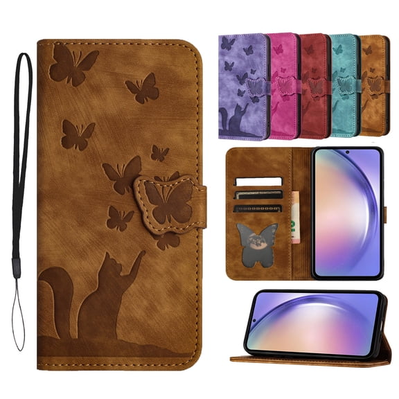 ELEHOLD for Samsung Galaxy S23+ Wallet Case with Credit Card Slots Holder, Embossed Butterfly Cute Cat Soft PU Leather Folio Flip Shockproof Protective Phone Case for Samsung S23+/Plus 6.6",Brown