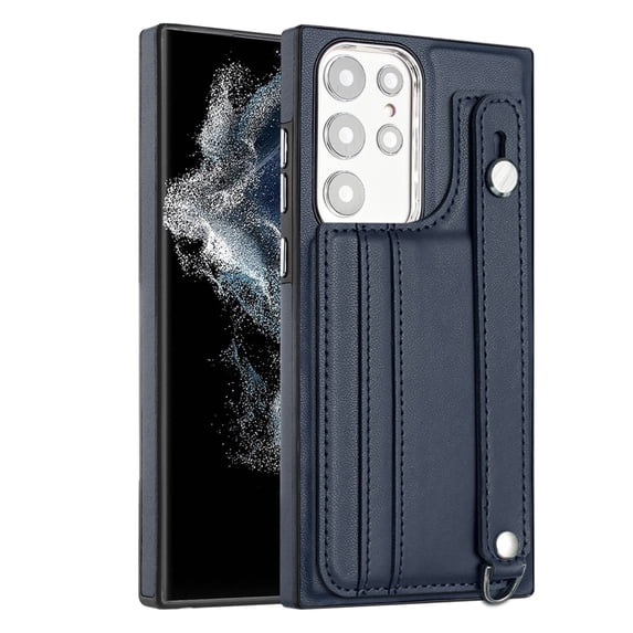 ELEHOLD for Samsung Galaxy S23, Wallet Case with Credit Card Slots,Rugged Hybrid Shockproof PU Leather Wristband Kickstand Anti-Scratch Case Cover, blue