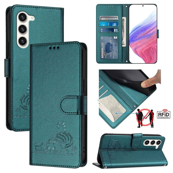 ELEHOLD for Samsung Galaxy S23 Wallet Case, Embossed Cat PU Leather RFID Blocking Protection Credit Card Slot Kickstand Shockproof Case with Crossbody Strap for Samsung Galaxy S23,Darkgreen