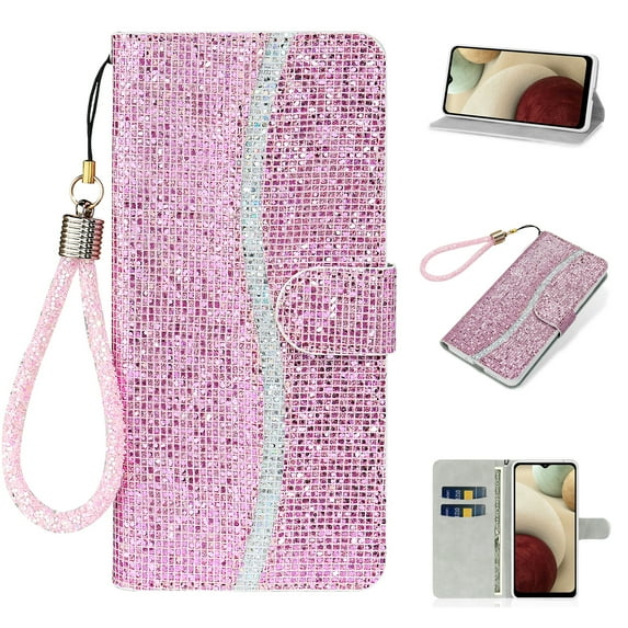 ELEHOLD for Samsung Galaxy S23 Wallet Case, Luxury Twinkle Bling Glitter Sparkly PU Leather TPU Inner Card Slots Kickstand Hand Strap Anti-Scratch Shockproof Flip Case, Pink