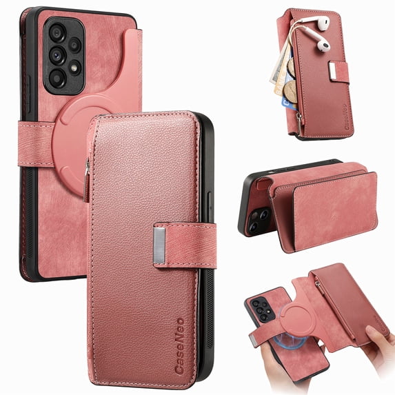 ELEHOLD for Samsung Galaxy S23 Zipper Wallet Case,Magnetic Detachable RFID Flip Card Slots Stand Function Shockproof Full Protective Leather Case for Samsung Galaxy S23,Pink