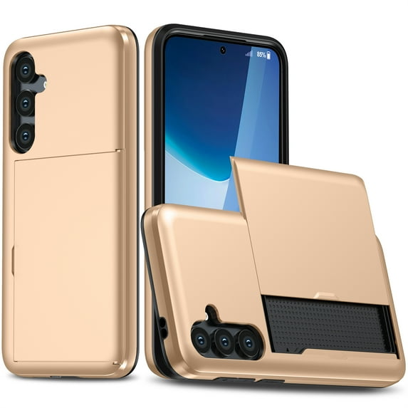 ELEHOLD for Samsung Galaxy S24 Case,Back Slide Card Holder Slot Hard PC Shockproof Protective Slim Fit Anti-Scratch Cover for Samsung Galaxy S24,,Gold