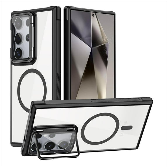 ELEHOLD for Samsung Galaxy S24 Case,Compatible with Magsafe Clear Adjustable Kickstand Slim Non-slip Shockproof Protection Case with HD Lens Protector for Samsung Galaxy S24,Black