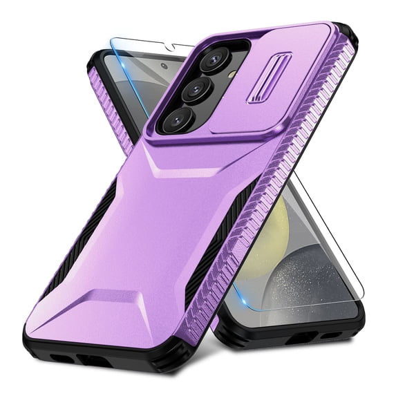 ELEHOLD for Samsung Galaxy S24 Case,Military Grade Drop Protection Screen Protector Heavy Duty Non-slip Rugged Shockproof Case with Slide Window Cover for Samsung Galaxy S24,Purple