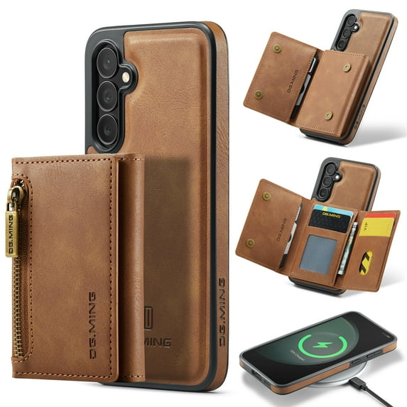 ELEHOLD for Samsung Galaxy S24 Detachable Wallet Case Premium PU Leather 2-in-1 Magnetic Removable Zipper Card Holders RFID Blocking Shockproof Protection Kickstand Leather Case,Brown