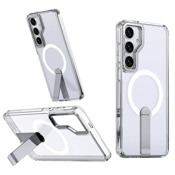 ELEHOLD For Samsung Galaxy S24 FE 6.7Inch Slim Shockproof Magnetic Phone Case, Horizontal & Vertical Kickstand Rugged Cover, MagSafe Compatibe, with Metal Lens Ring, Clear